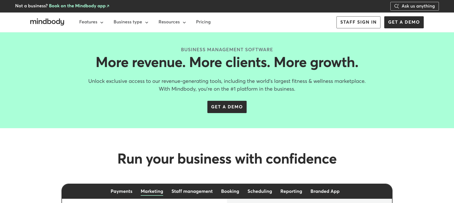 Mindbody business software homepage for fitness studios and wellness businesses