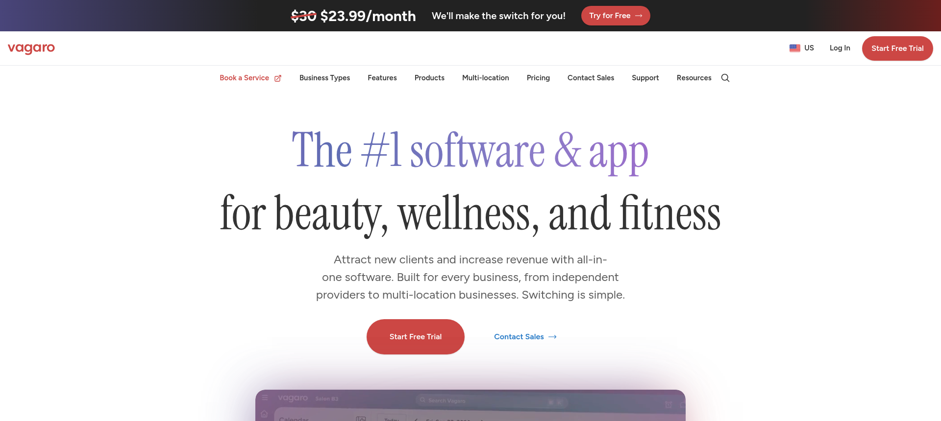 Vagaro business software homepage for beauty, wellness, and fitness businesses