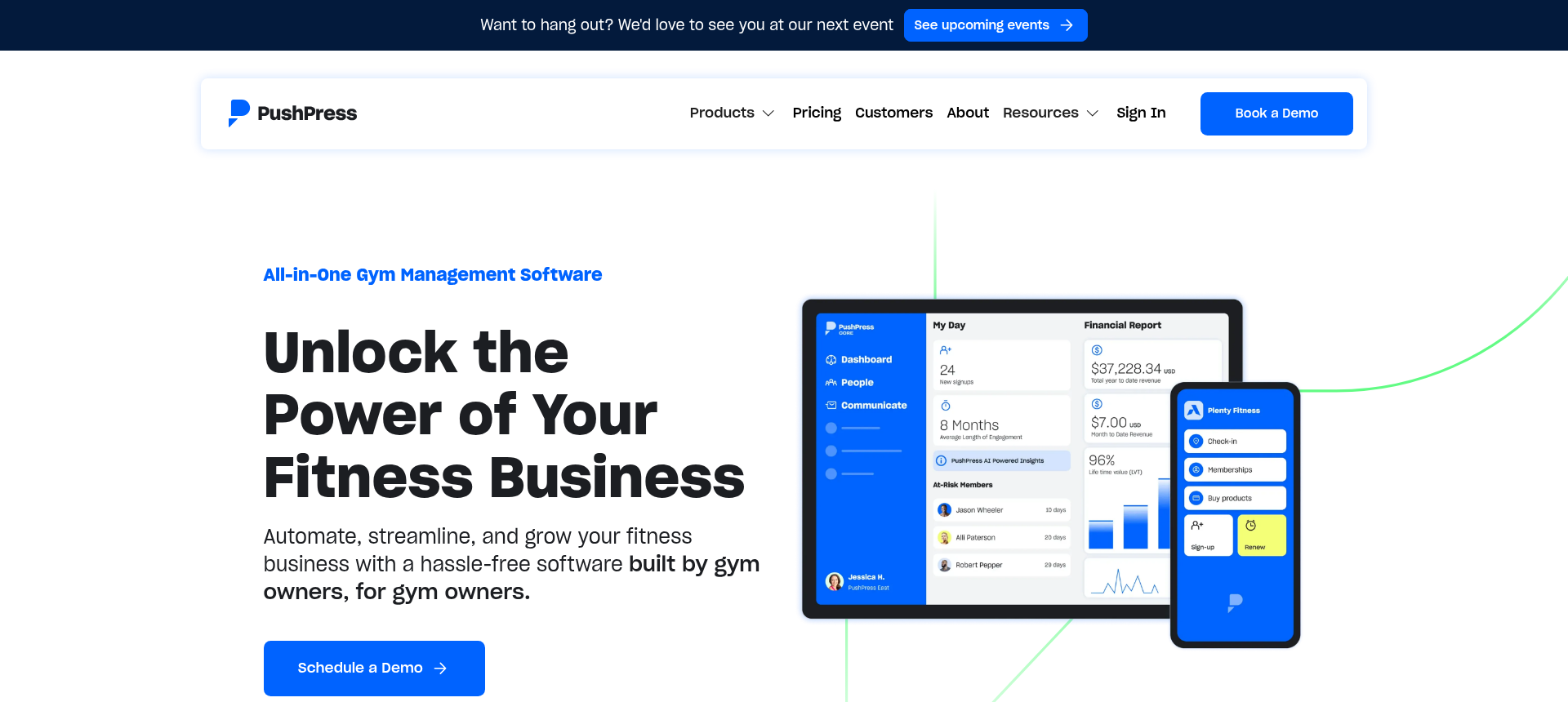 PushPress gym management software homepage for CrossFit and functional fitness gyms