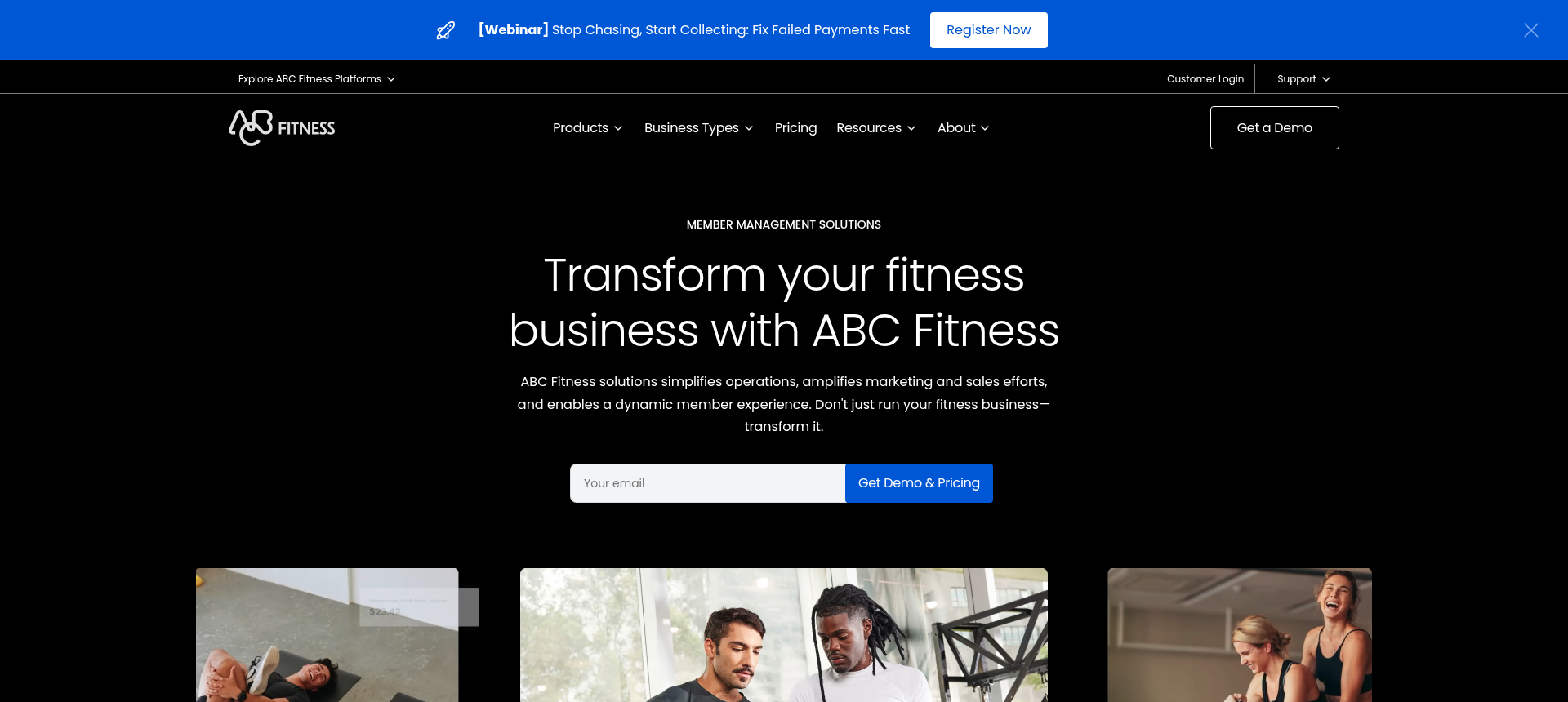 ABC Fitness club management and billing software homepage for high-volume gyms
