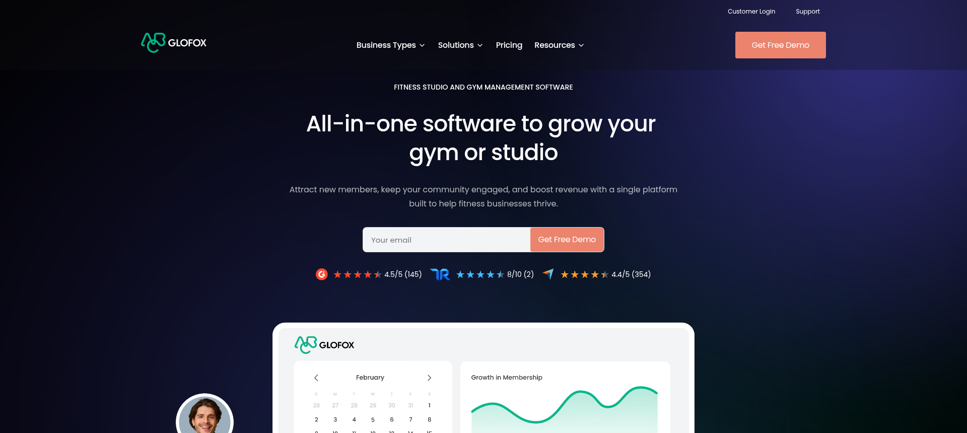 Glofox boutique fitness studio management software homepage