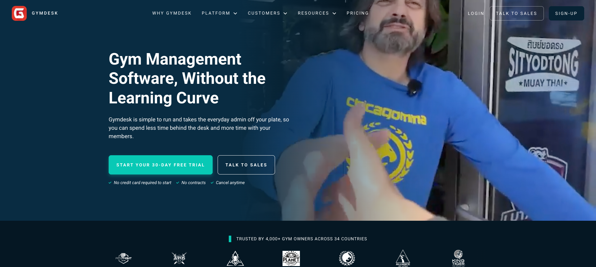 Gymdesk gym billing software homepage showing all-in-one member management and billing
