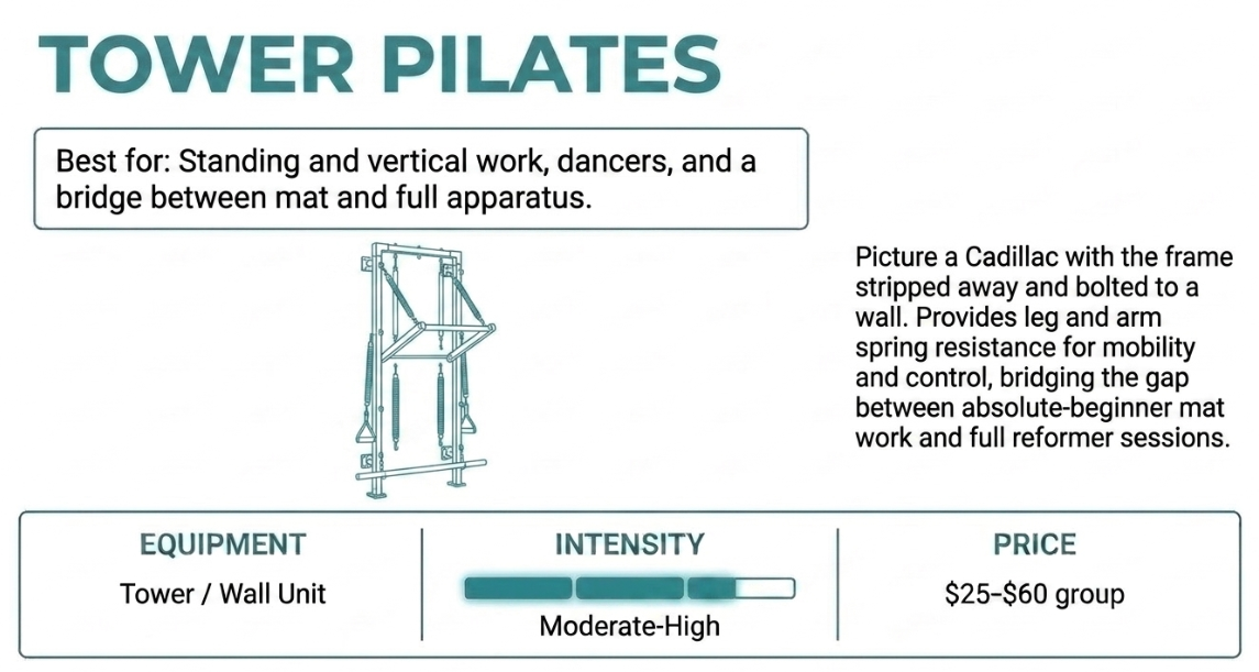Tower pilates card: wall-mounted spring unit for standing work, moderate to high intensity, 25 to 60 dollars group