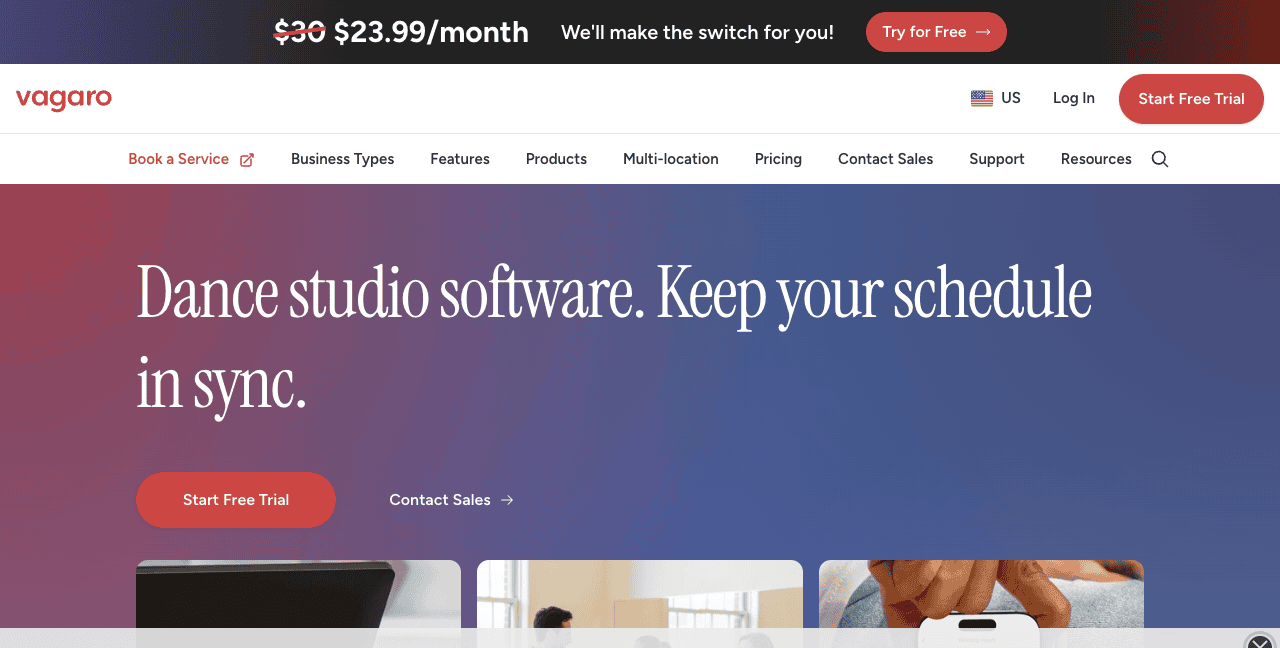 Vagaro dance studio software homepage