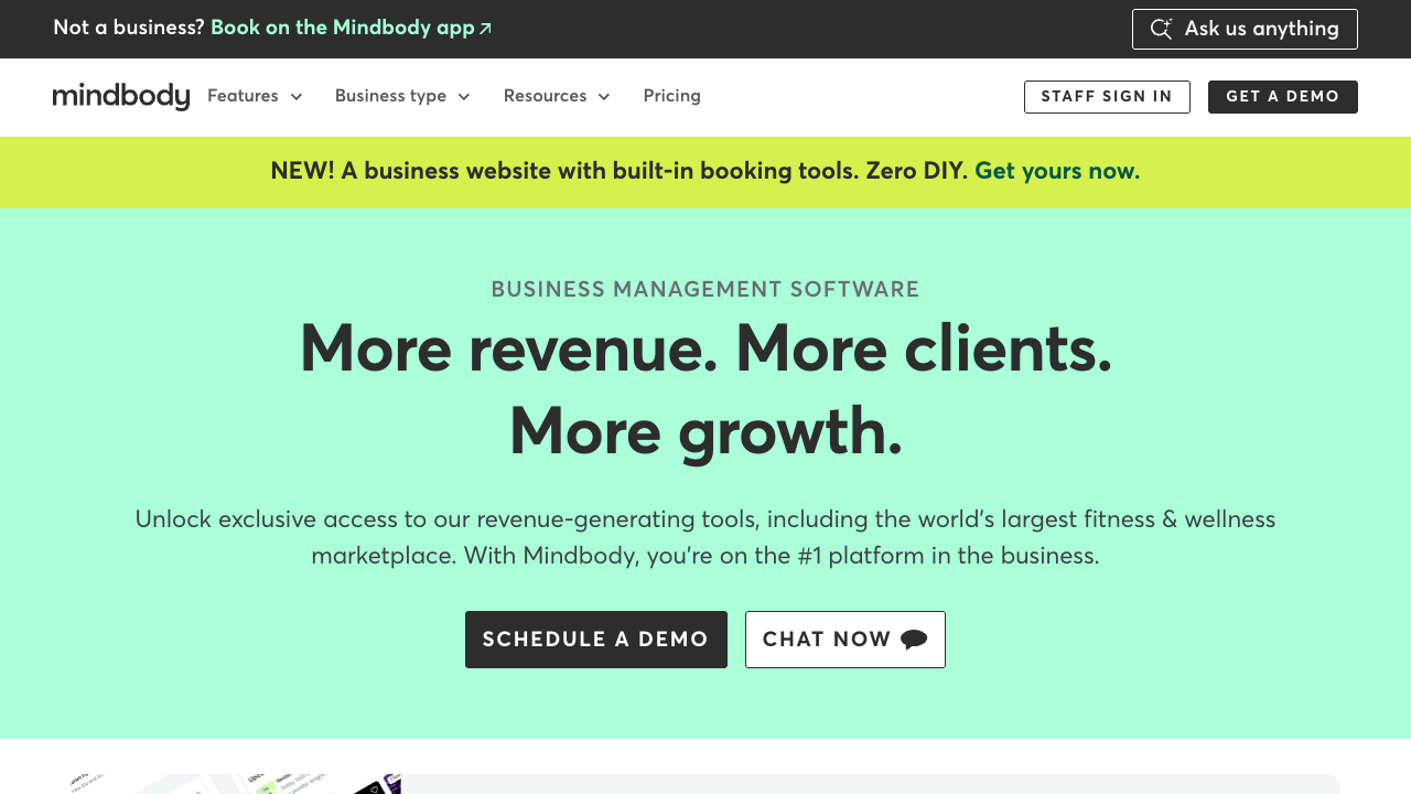 Mindbody business management software homepage