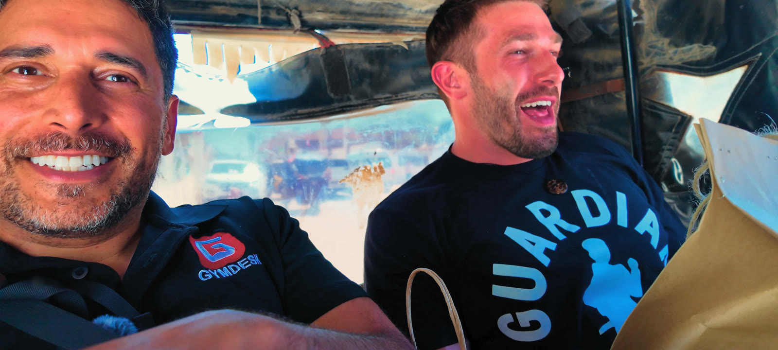 Alex Cuevas and Calder Powers ride a tuk-tuk out to the barrio in Máncora, Peru.