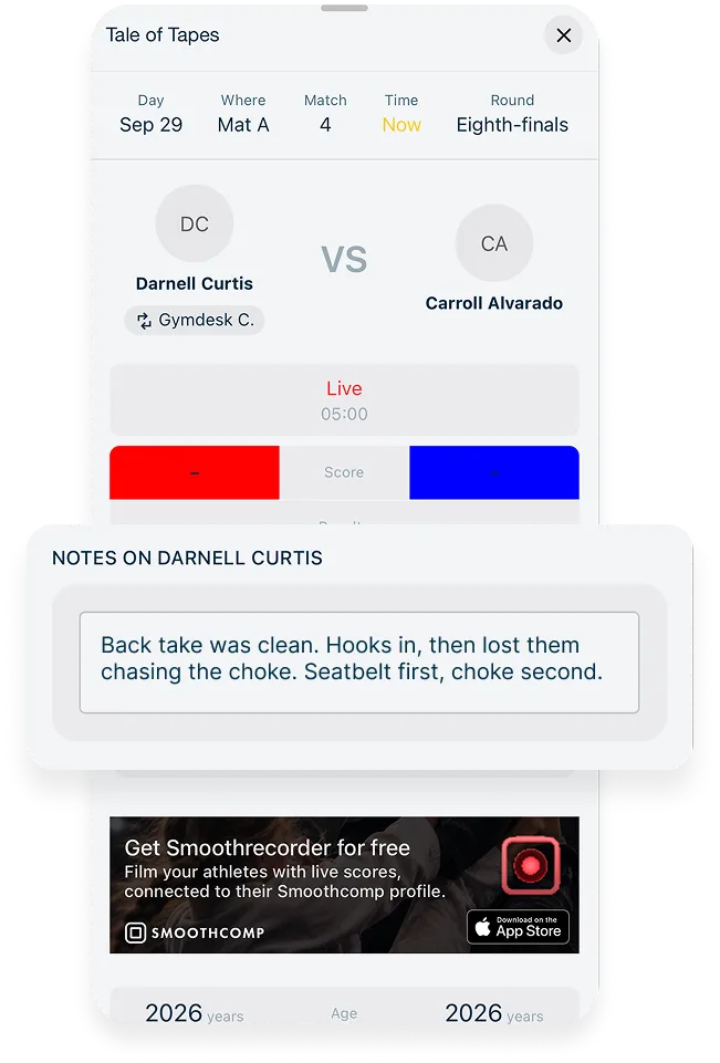 Coach Companion match screen with a coach's note on the athlete written right after the match