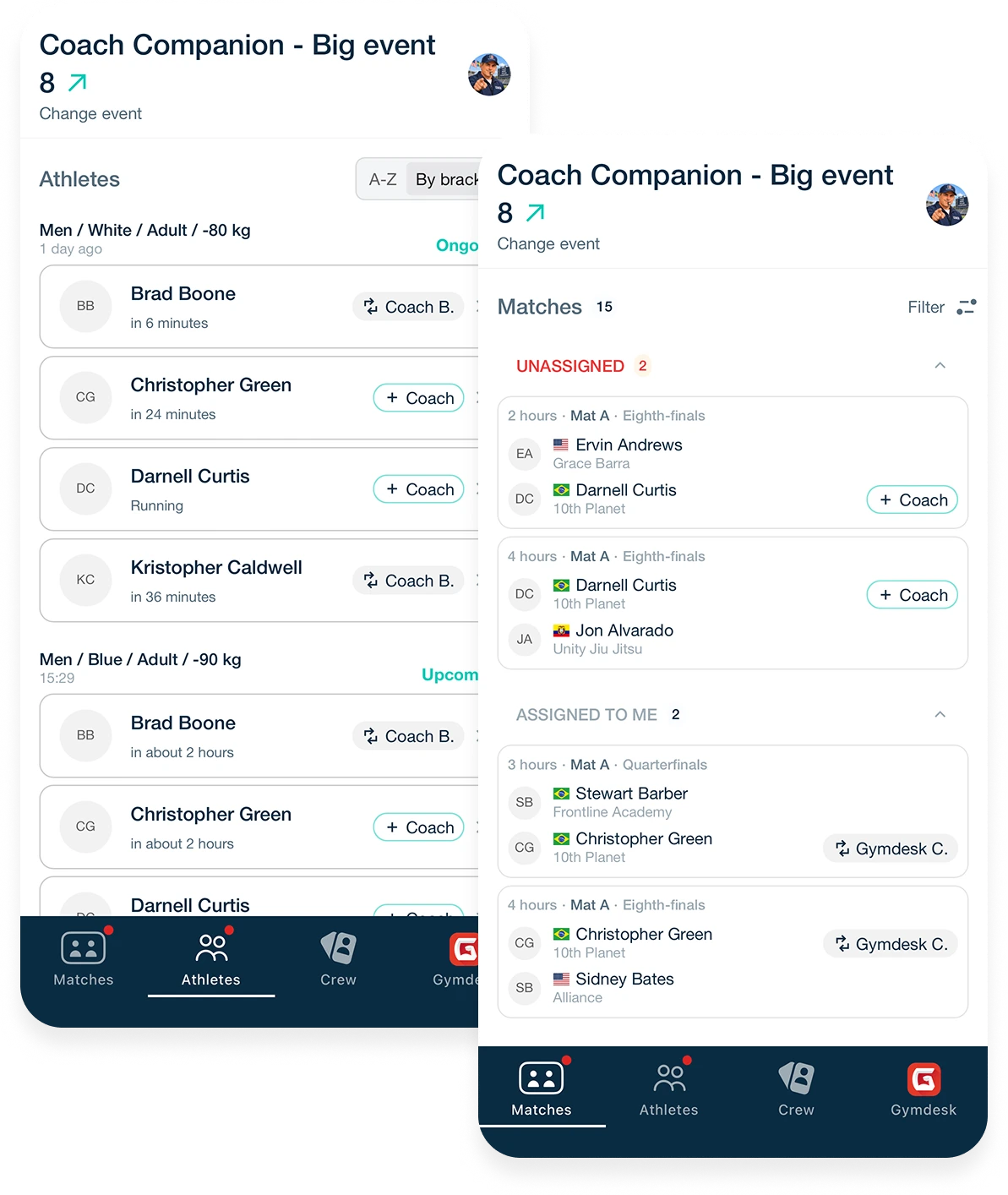 Coach Companion on two phones: an academy's athletes listed by division with a coach assigned to each, and the Matches screen flagging matches with no coach