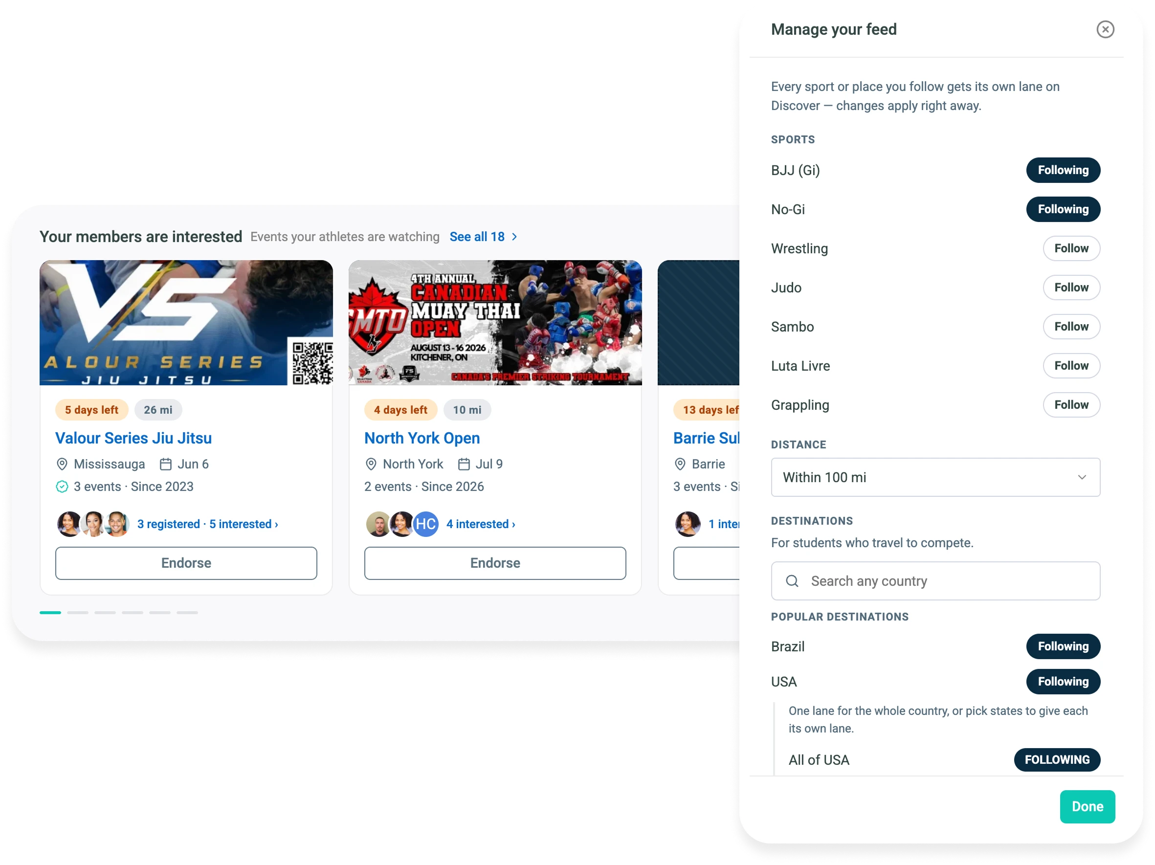 Gymdesk Competitions tab showing upcoming Smoothcomp events your members are interested in, with filters for sport and distance from the gym