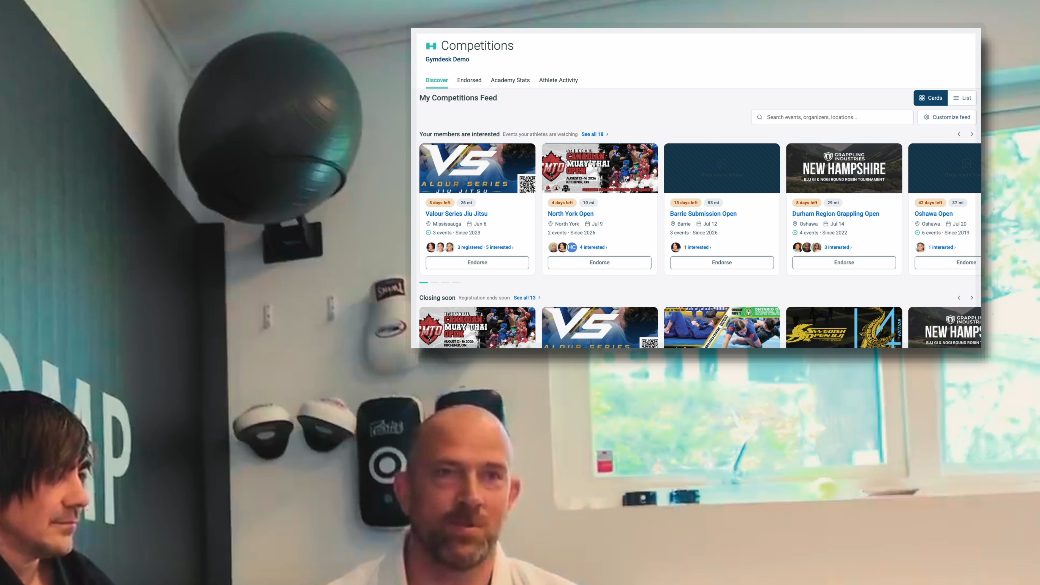 The Competitions Discover feed in Gymdesk, with Smoothcomp events and an Endorse button on each