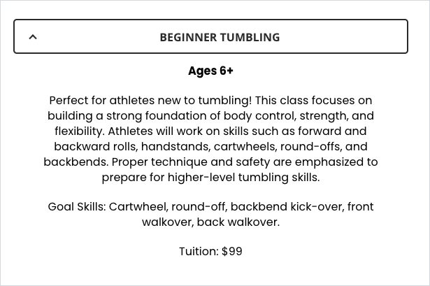 Ocala Athletix Beginner Tumbling listing with ages 6+, goal skills, and $99 tuition