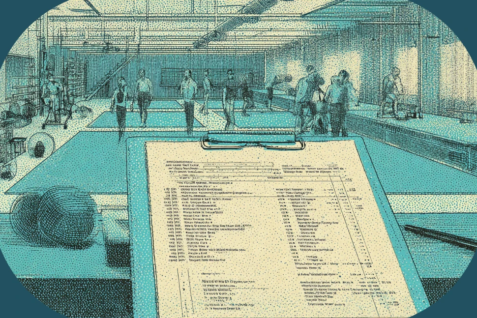 A glowing thread runs from an ad near a gym entrance across the lobby to one member training on the mats