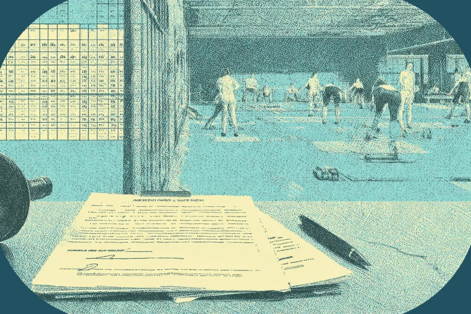 A signed contractor agreement on a gym front counter while an instructor leads a class under the gyms fixed class schedule