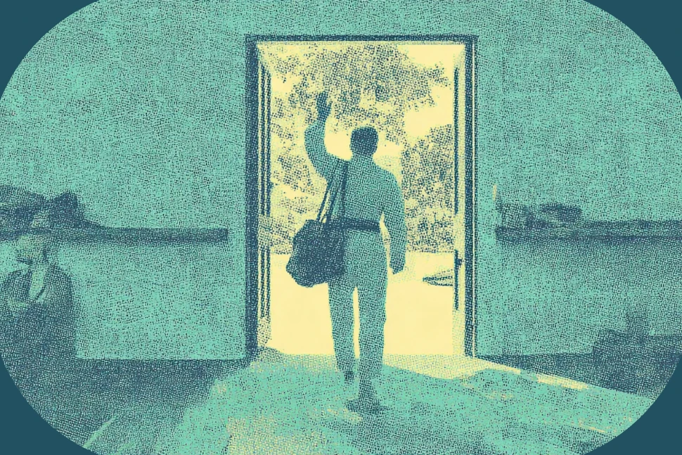 A member with a gym bag walking out the open front door of a jiu-jitsu academy as the instructor waves goodbye from the front desk