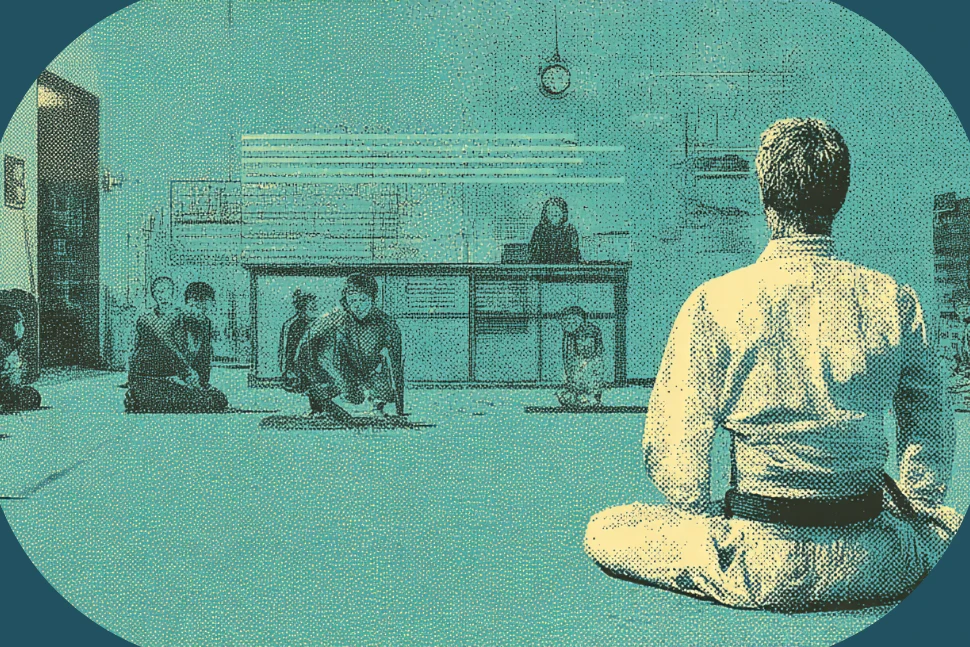 A martial arts instructor on the mat with a kids class while an automated reply answers a new parent inquiry on a phone