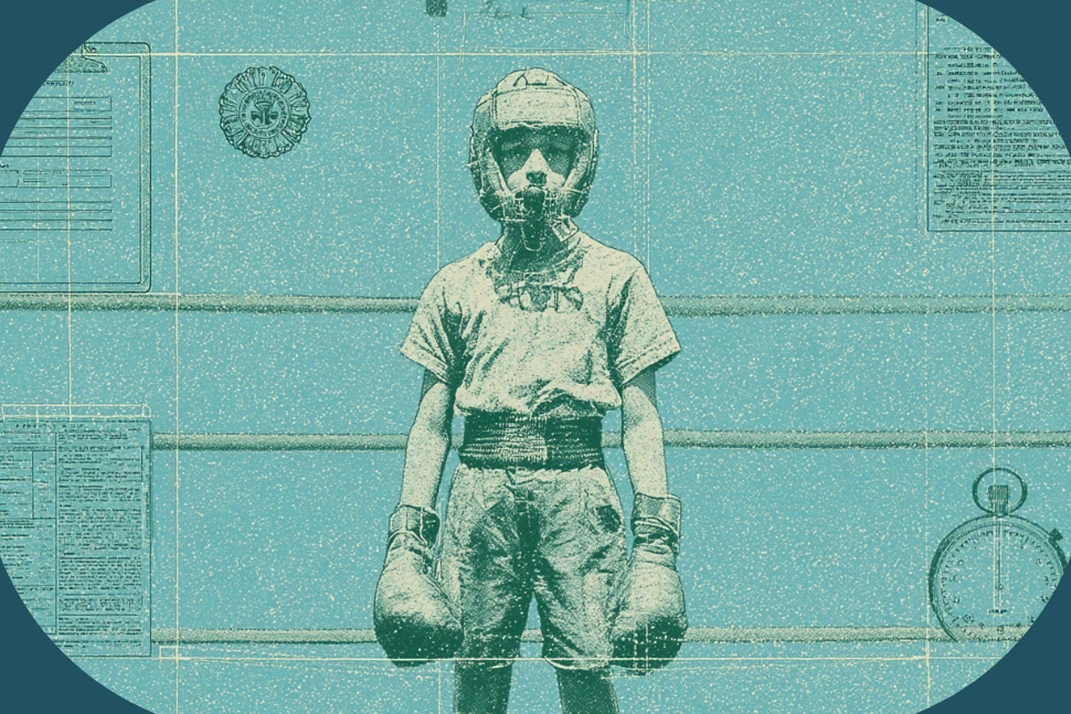 A young child practicing boxing fundamentals with a coach in a gym class