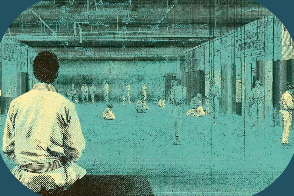 A lone jiu-jitsu practitioner in a gi steps toward the solid fifth stair of a five-step staircase whose first four steps crumble like a cliff edge, on a dojo floor.