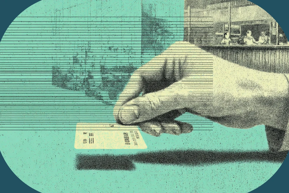 Gym owner at the front desk reviewing a processing statement, the headline rate resting on stacked layers of hidden fees