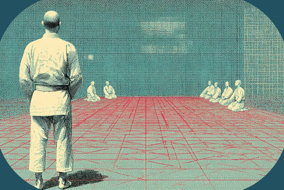A new martial arts student in a white belt at the edge of a dojo mat deciding whether to step in, illustrating the fragile first-100-days student retention window.
