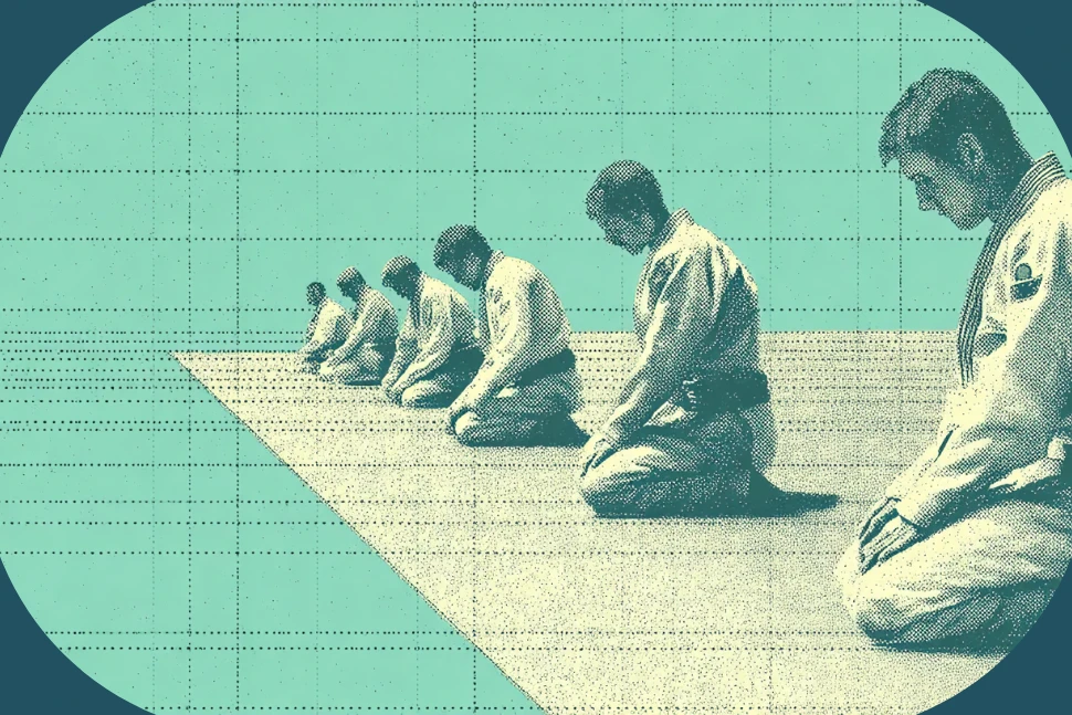 A Brazilian Jiu-Jitsu practitioner training on the mats (belt-progression theme)