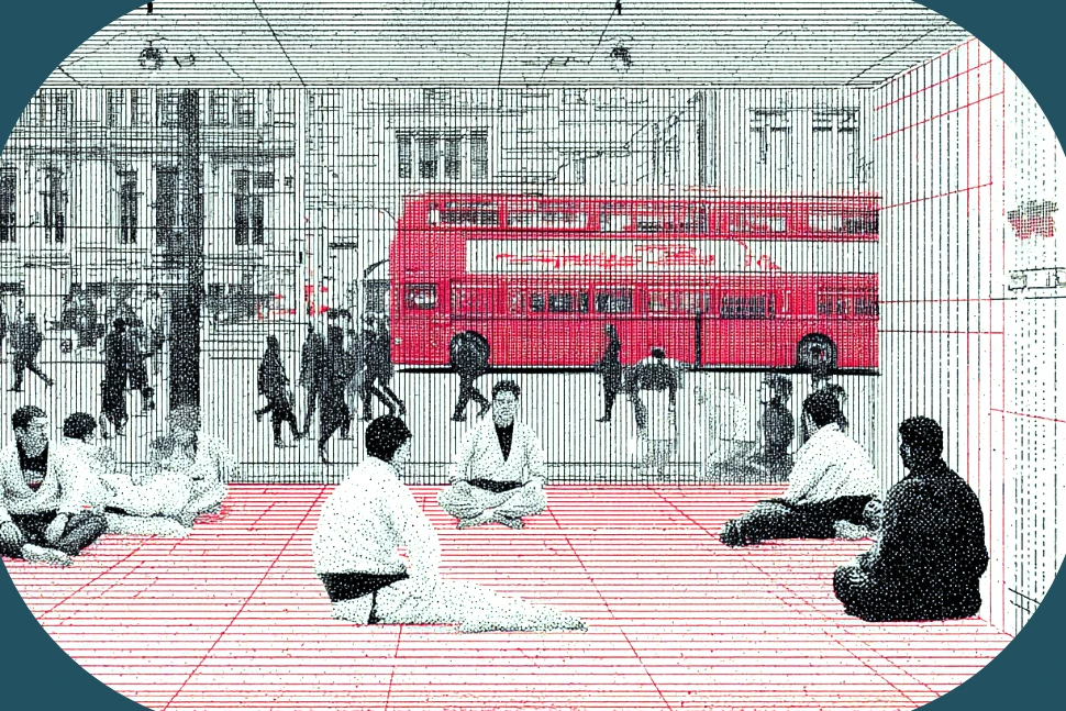 Red and black halftone illustration of a London BJJ gym, students in gis on red mats with a red double-decker bus outside