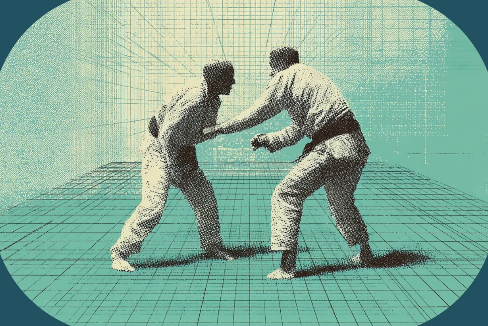 Teal halftone illustration of two grapplers in gis gripping each other in a standing exchange on a gridded mat
