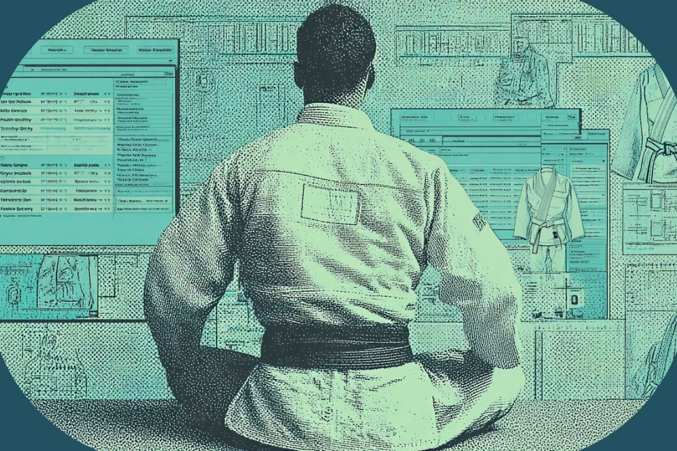 Illustration of a seated jiu-jitsu practitioner in a gi, seen from behind, facing walls of software screens and belt diagrams
