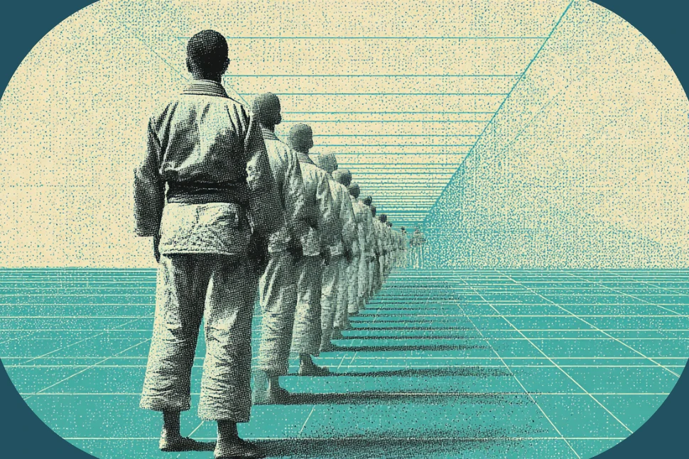 Illustration of a long line of martial artists in gis standing in single file across a teal grid floor