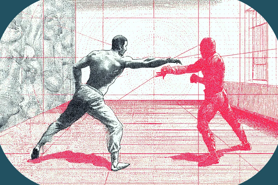 Illustration of a shirtless fighter reaching toward a red silhouetted opponent in a training room with red grid lines