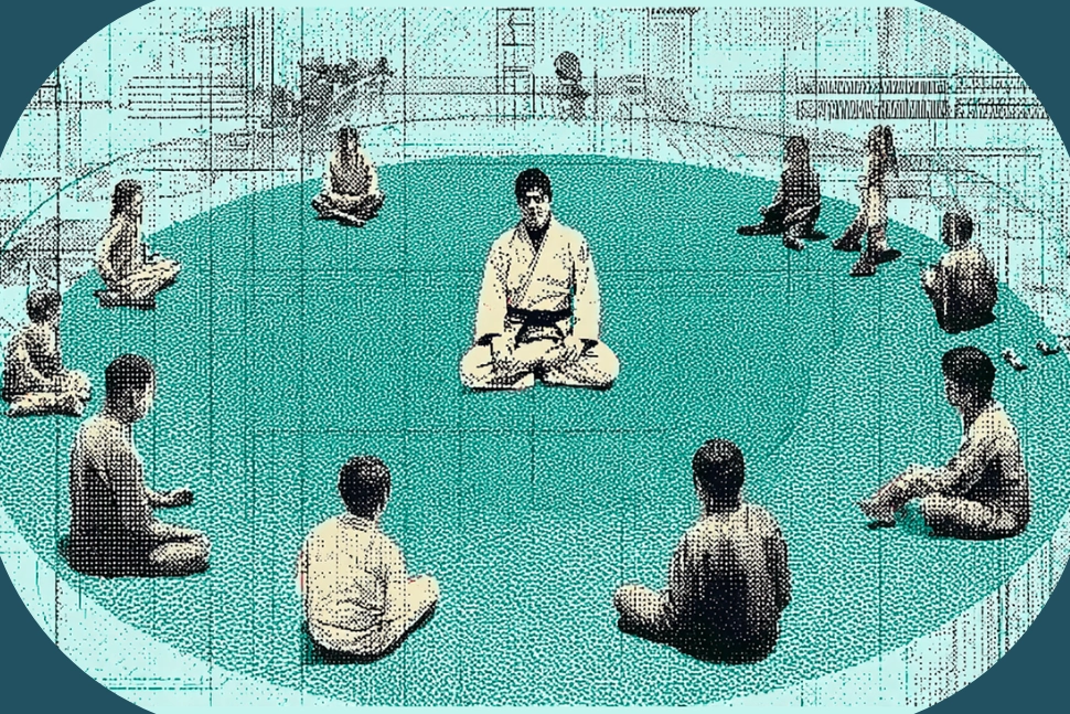Illustration of a BJJ instructor in a gi sitting cross-legged at the center of a circle of seated kids on a teal mat