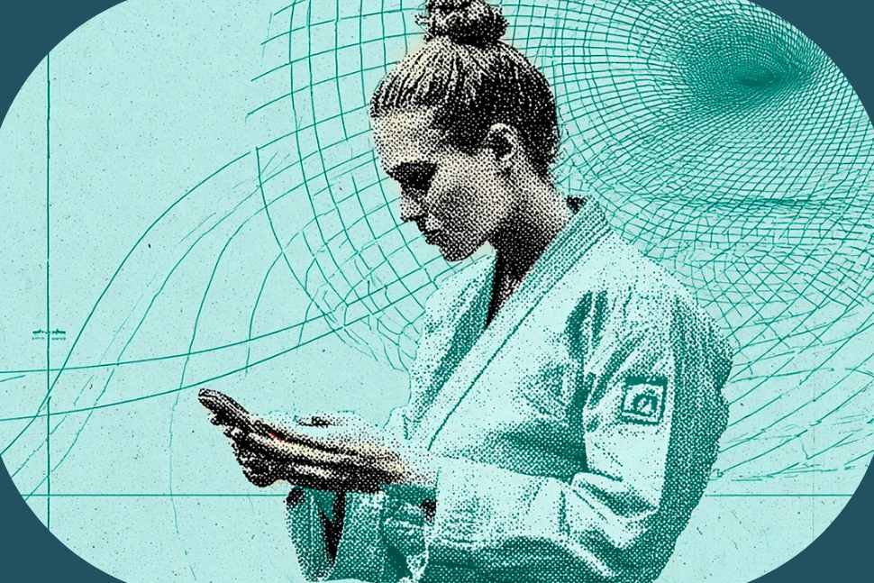 Illustration of a woman in a BJJ gi with her hair in a bun, looking down at her phone