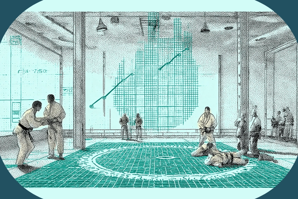 Illustration of a BJJ academy with students training on teal mats beneath a rising chart, representing jiu-jitsu pricing and revenue