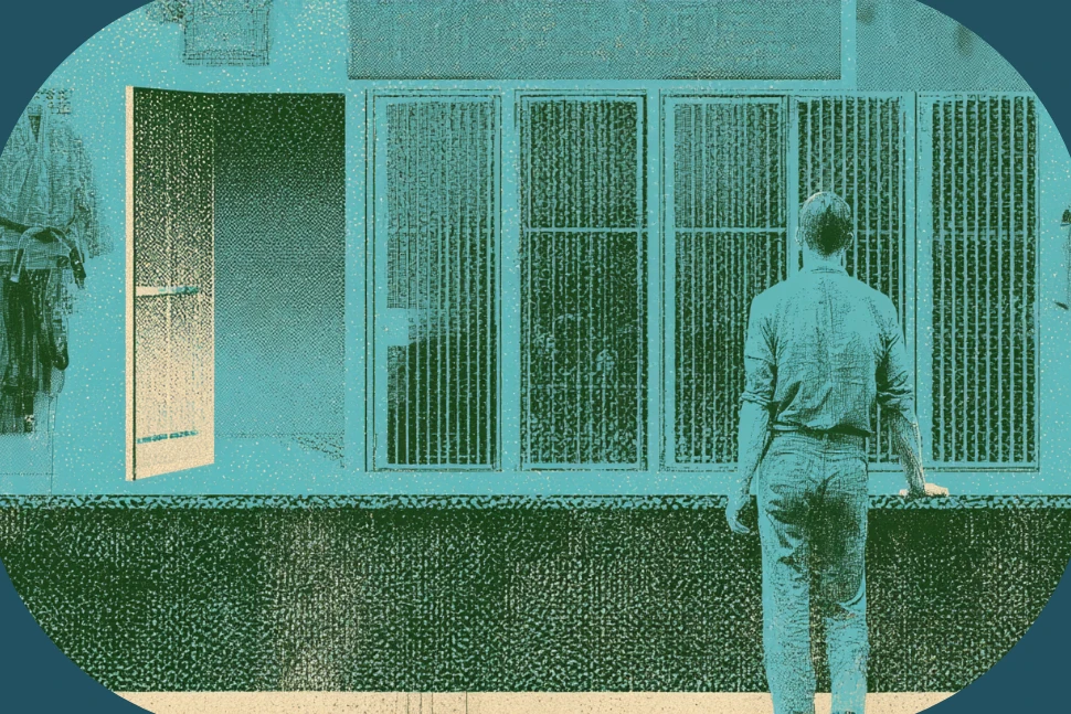 Mindbody features illustration: a gym owner at a service counter where most windows are closed