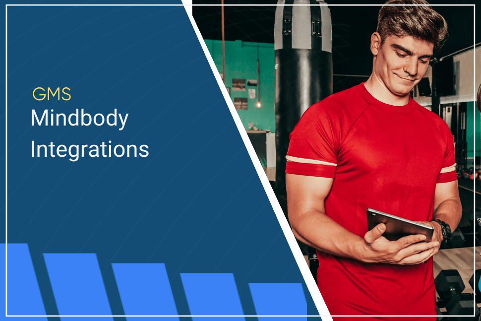 Man in a red shirt looks at a tablet in a gym with a heavy bag behind him, beside text Mindbody Integrations