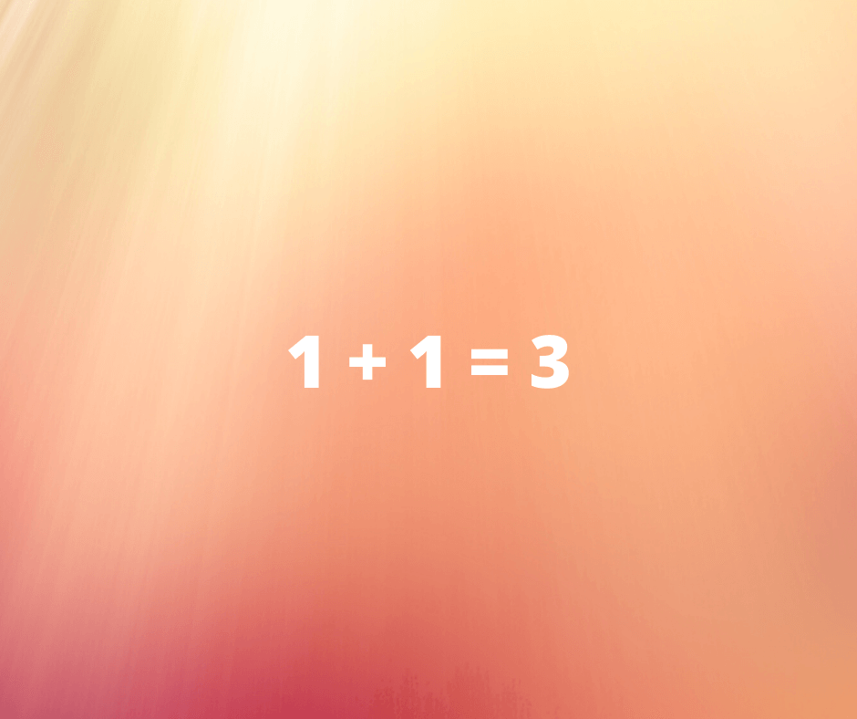 The equation 1 + 1 = 3 in white text on a soft orange and pink gradient background