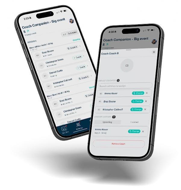 Coach Companion app on two phones, showing a coach assigned to each athlete