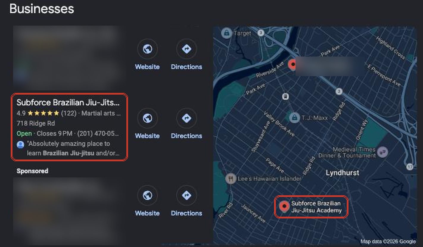 Google results for BJJ Lyndhurst NJ, with Subforce Brazilian Jiu-Jitsu Academy in the map pack at 4.9 stars from 122 reviews