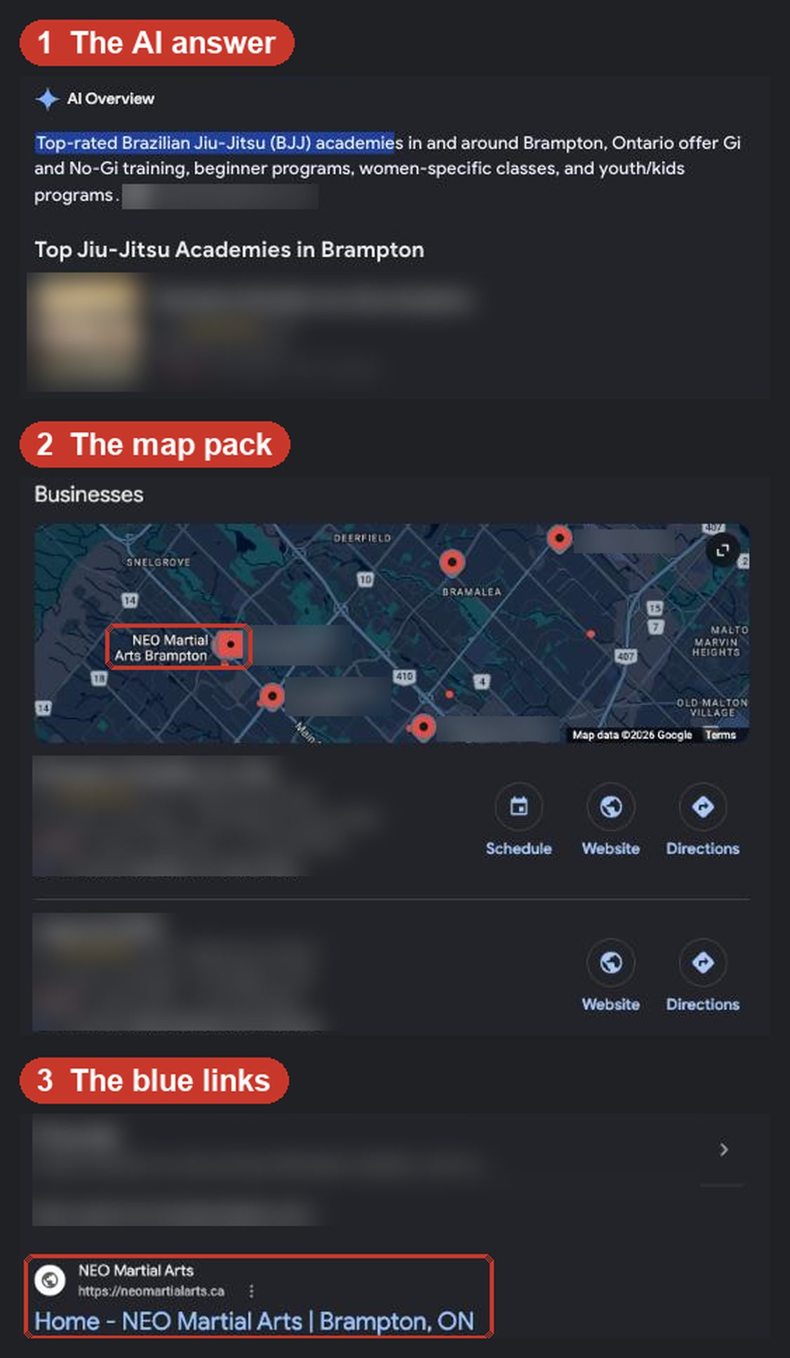 One Google search with the AI answer, the map pack, and the blue links labeled, NEO Martial Arts highlighted