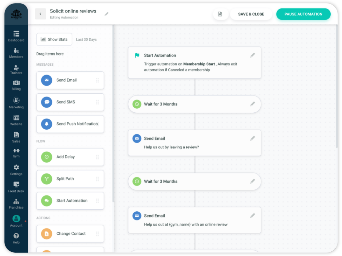 Gymdesk automation editor showing a review request email sent after a membership starts