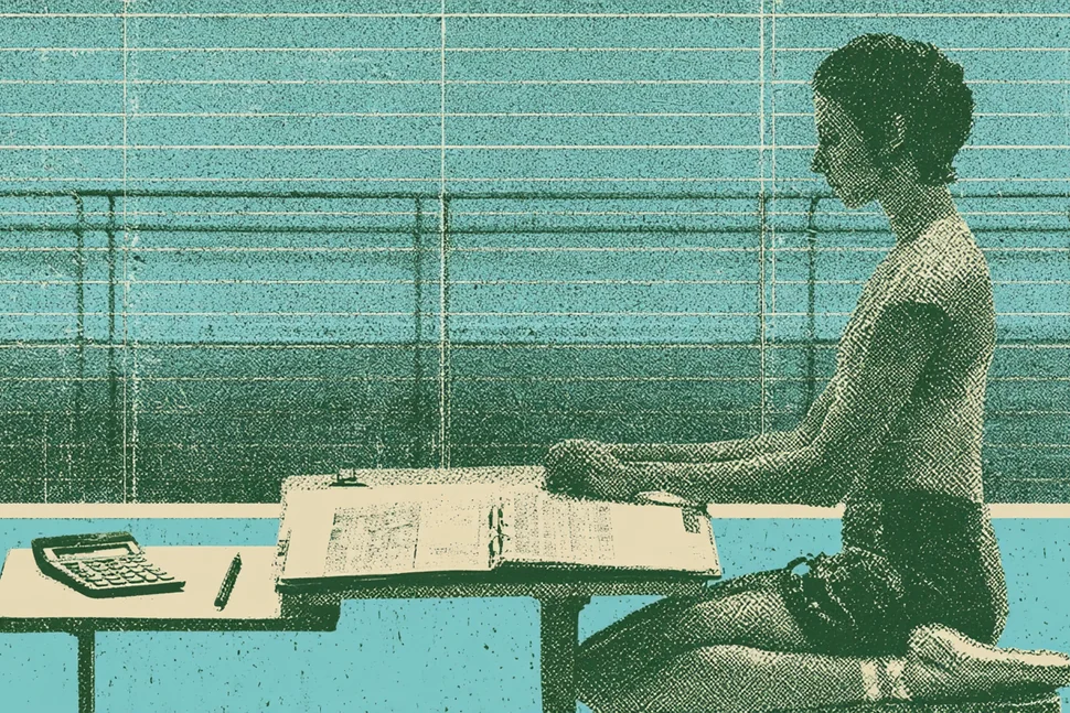 A dance studio owner seated at a small table in her empty studio after class, a calculator, pencil, and open planning binder in front of her, the barre and mirror wall behind