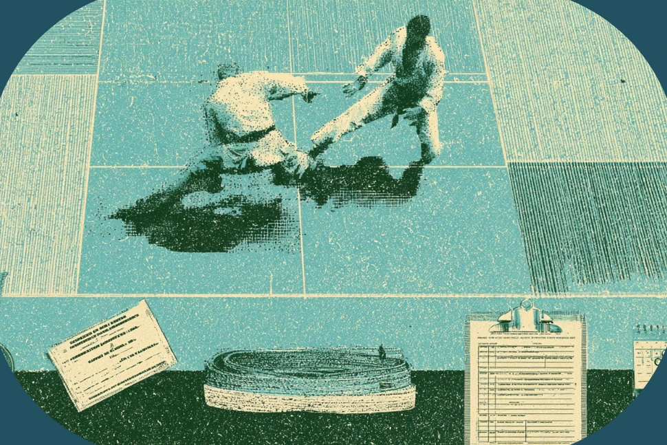 Two judoka mid-throw on a judo mat seen from above, with a grading sheet and a stack of belts at the edge