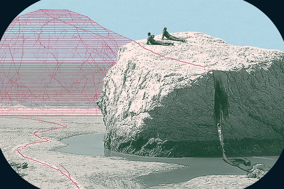 Illustration of two people resting on a large boulder at low tide, a black belt hanging down its side, the tide coming back in