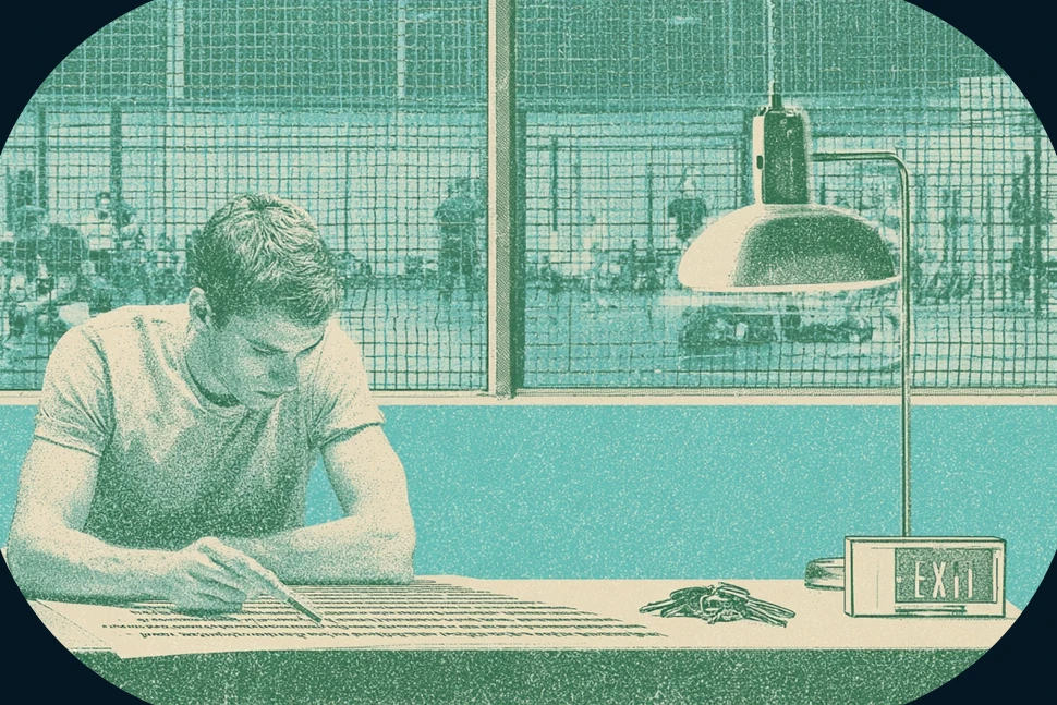 A gym owner reviews a contract at a desk beside the training floor, with keys and an exit sign nearby