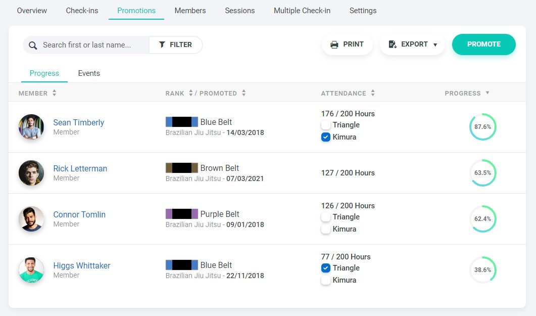 Gymdesk Promotions report showing student belts, promotion dates, attendance, and progress to the next rank
