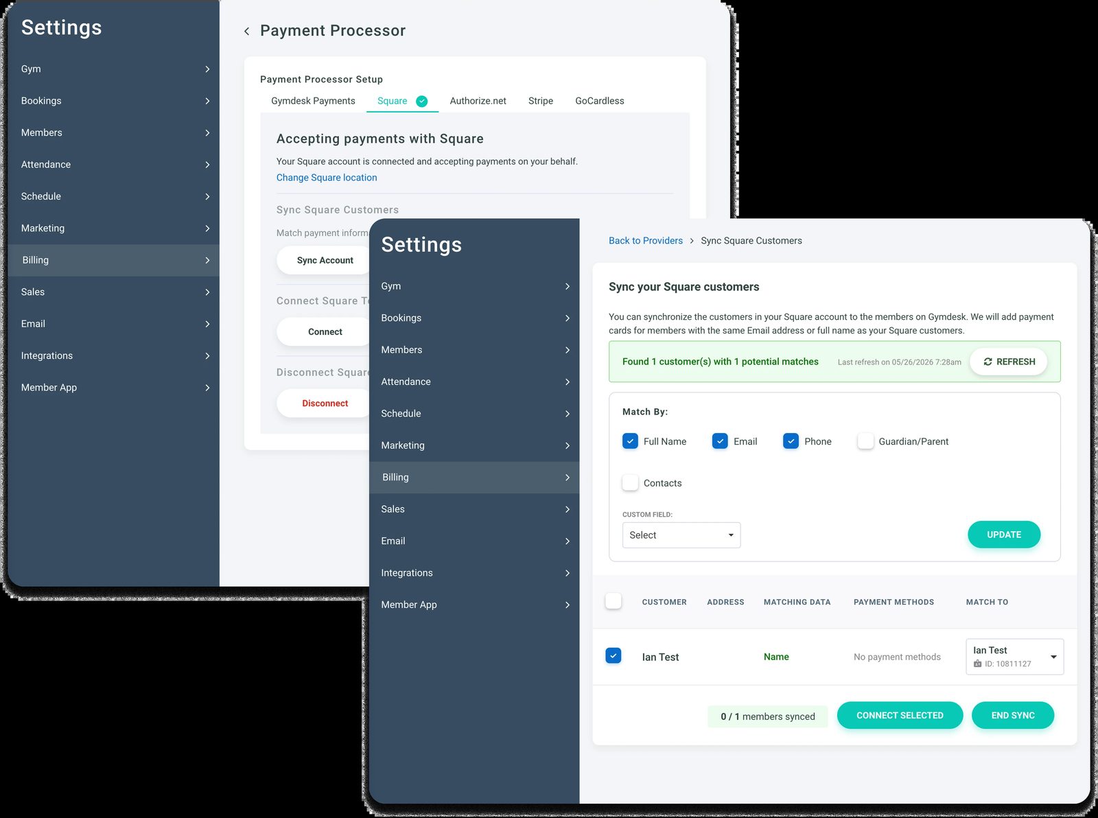 Gymdesk Payment Method Sync matching Square customers to members by name, email, and phone