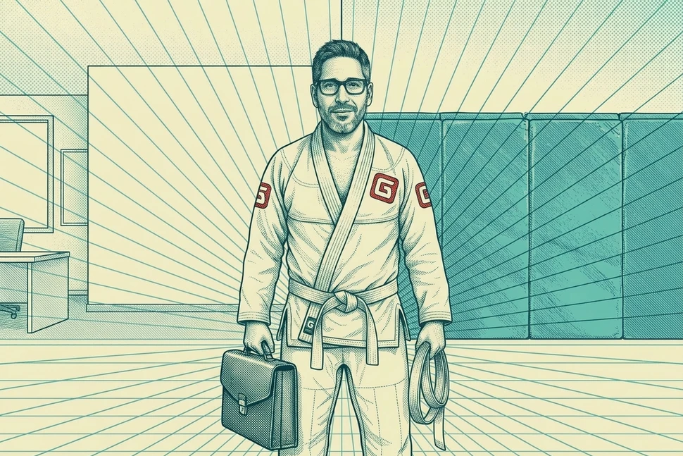 Illustration of Alex Cuevas in a white gi and white belt, holding a briefcase and his belt, office on one side and mats on the other