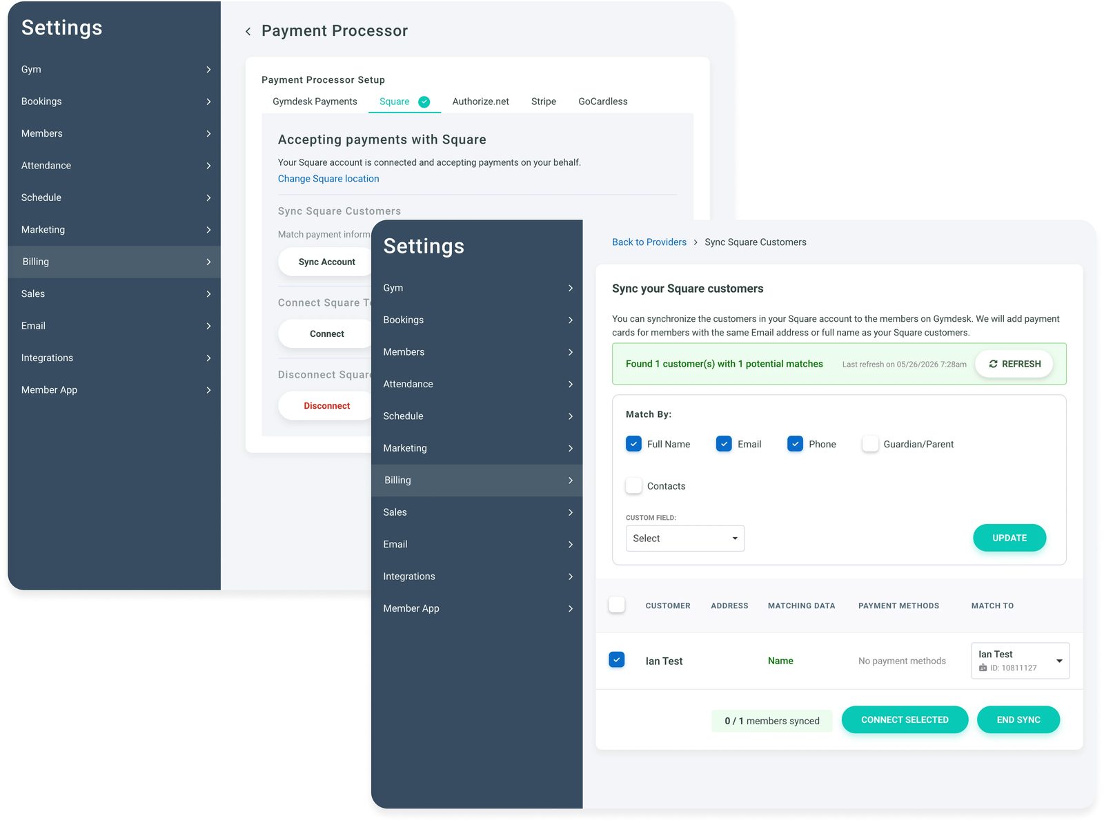 Gymdesk Payment Method Sync matching Square customers to members by name, email, and phone