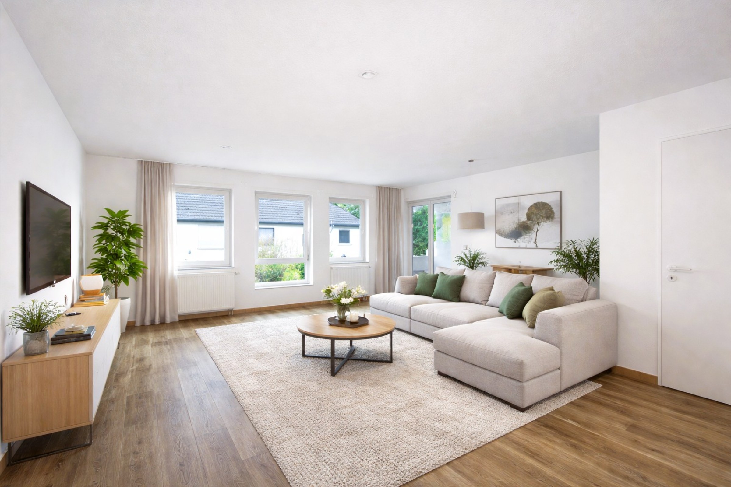 Das geräumige Wohnzimmer dieser Immobilie verfügt über einen Holzfußboden, ein graues Sofa, einen Couchtisch, einen großen Teppich, einen an der Wand befestigten Fernseher und mehrere Fenster für natürliches Licht. Zur minimalistischen Einrichtung gehören ein paar Pflanzen und stilvoll gerahmte Wandkunst.