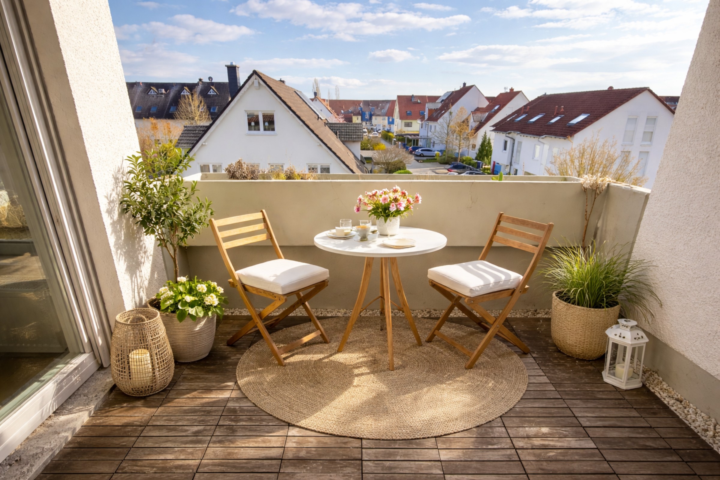 Ein kleiner Balkon mit Holzfußboden und einem gemusterten Teppich blickt auf eine Wohnimmobilie mit weißen Häusern. In der Ecke steht eine grüne Vase, und das Sonnenlicht erhellt die Szene unter einem teilweise bewölkten Himmel.