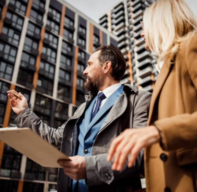 Real estate agents reviewing property documents in front of modern apartment buildings